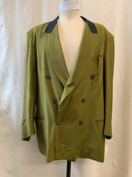 Mens, 1980s Vintage, Suit, Jacket, FAGI, Lt Olive Grn, Silk, Solid, 48/32, 50 XL, Notched Lapel, Black Collar Attached, Double Breasted, 6 Button Front, 3 Pockets, Long Sleeves,