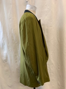 FAGI, Lt Olive Grn, Silk, Solid, Notched Lapel, Black Collar Attached, Double Breasted, 6 Button Front, 3 Pockets, Long Sleeves,