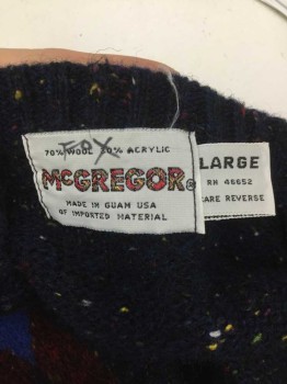 McGREGOR, Navy Blue, Red, Royal Blue, Wool, Acrylic, Diamonds, Speckled, Sweater Vest, V-neck, Pullover, Multi-color Speckled Navy Background,