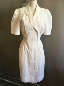 Womens, Nurses Dress, PEACHES UNIFORM, White, Poly/Cotton, Solid, 4, White, Notched Lapel, Double Breasted, Side Gathered Waist Band with White Flower Embroidery, 2 Side Pockets, Short Sleeve, 2" Gathered Elastic Waist Back
