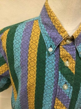 SEDGEFIELD, Purple, Green, Yellow, Aqua Blue, Black, Cotton, Stripes, Novelty Pattern, Colorful Stripe with Black Swirl Print Overlay, 1/4 Button Front Placket, 3 Buttons, Collar Attached, Button Down Collar, Short Sleeves