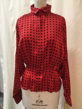 Womens, Blouse, NO LABEL, Red, Black, Synthetic, Geometric, 6, Red, Black Square Geometric Print, Pleated, Button Front, Collar Attached, Long Sleeves,