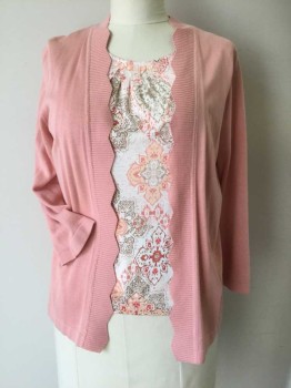 ALFRED DUNNER, Rose Pink, White, Coral Pink, Cotton, Rayon, Solid, Floral, No Closures Cardigan with Attached Shell, Rib Knit Pointed Opening. Scoop Neck Floral Shell with Pleats at Neck Line and Dull Facetted Rhinestone Detail