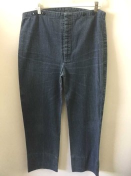 N/L MTO, Denim Blue, Slate Blue, Cotton, Stripes - Vertical , Canvas/Twill, Button Fly, Suspender Buttons at Outside Waist, No Pockets, Made To Order