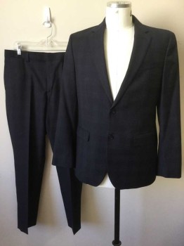 BANANA REPUBLIC, Navy Blue, Lt Blue, Wool, Plaid, Single Breasted, Collar Attached, Notched Lapel, 2 Buttons,  3 Pockets