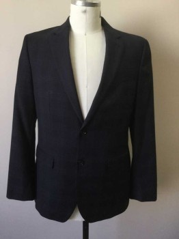 BANANA REPUBLIC, Navy Blue, Lt Blue, Wool, Plaid, Single Breasted, Collar Attached, Notched Lapel, 2 Buttons,  3 Pockets