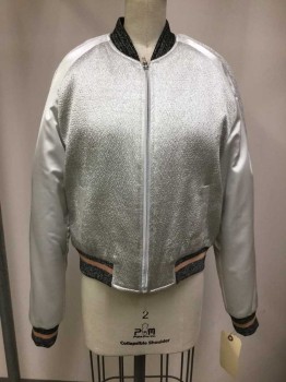 Womens, Casual Jacket, Silver, Black, Taupe, Polyester, Nylon, Solid, XS, Zip Front, Raglan Sleeves,  Ribbed Knit Cuffs,  Textured Fabric, Satin Fabric, Welt Pocket,