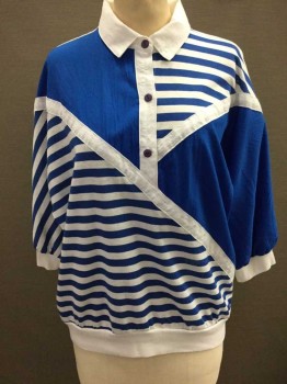 N/L, Royal Blue, White, Color Blocking, Stripes, Diagonal Panels W/Solid Royal Blue, And Royal Blue/White Stripes, 3/4 Dolman Sleeves, Collar Attached,  3 Button Placket, White Ribbed Cuffs + Collar,