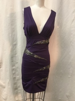 NIKIBIKI, Aubergine Purple, Pewter Gray, Polyester, Sequins, Solid, Abstract , Plunging V-neck, Body Contour, Alternately Folded Up Horizontal Pleating with Beaded Slashes Front