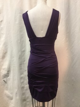 NIKIBIKI, Aubergine Purple, Pewter Gray, Polyester, Sequins, Solid, Abstract , Plunging V-neck, Body Contour, Alternately Folded Up Horizontal Pleating with Beaded Slashes Front