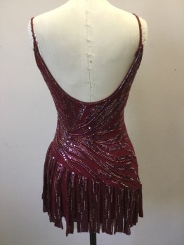 SUE WONG, Raspberry Pink, Silk, Sequins, Silk Chiffon with Sunburst Shaped Sequin Pattern. Self Tassled Skirt with Sequins All Over. V. Neck, Skinny Straps, Scoop Open Back, Bias Cut