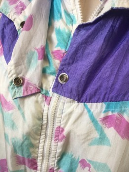 CASUAL ISLE, White, Magenta Purple, Lavender Purple, Mint Green, Aqua Blue, Nylon, Abstract , Windbreaker, White with Magenta and Aqua Paintbrush Strokes, Lavender Accents, Zip Front, Double Layer Cape Detail at Shoulders,