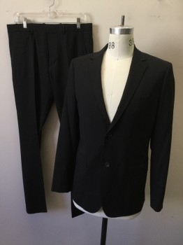 THEORY, Black, Wool, Elastane, Solid, Single Breasted, Collar Attached, Notched Lapel, 2 Buttons,  3 Pockets,