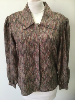 COUNTERPARTS, Brown, Beige, Magenta Purple, Orange, Polyester, Abstract , Long Sleeve Button Front, Large Collar Attached, Puffy Gathered Sleeves, Padded Shoulders, Covered Button Placket,