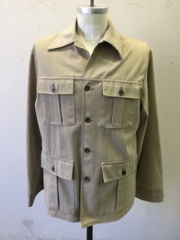 Mens, Jacket, HARRIS CASUALS, Lt Khaki Brn, Cotton, Solid, 40, Brass Button Front, Collar Attached, Long Sleeves, 4 Flap Pockets, Front/Back Yoke, Safari Style