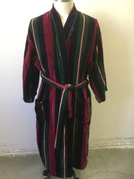 Mens, Bathrobe, NORM THOMPSON, Multi-color, Navy Blue, Forest Green, Red, Black, Cotton, Stripes - Vertical , O/S, Navy/Forest Green/Red/Black/White Vertical Stripes of Varying Widths, Terry Cloth, Long Sleeves, 2 Patch Pockets, Belt Loops, **2 Piece with Matching Self Fabric Sash BELT