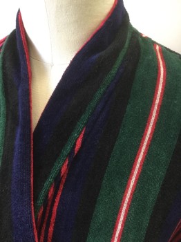 Mens, Bathrobe, NORM THOMPSON, Multi-color, Navy Blue, Forest Green, Red, Black, Cotton, Stripes - Vertical , O/S, Navy/Forest Green/Red/Black/White Vertical Stripes of Varying Widths, Terry Cloth, Long Sleeves, 2 Patch Pockets, Belt Loops, **2 Piece with Matching Self Fabric Sash BELT