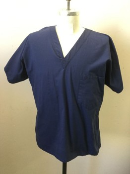 CHEROKEE, Navy Blue, Poly/Cotton, Solid, V-neck, Dolman Short Sleeves, 1 Pocket