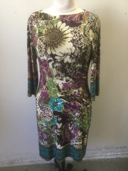 Womens, Dress, Long & 3/4 Sleeve, BEIGE, Dk Brown, Beige, Purple, Turquoise Blue, Olive Green, Polyester, Spandex, Abstract , Floral, 8, Abstract Floral/Paisley Pattern, Stretchy Material, Long Sleeves, Shift Dress, Bateau/Boat Neck, Knee Length