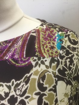 Womens, Dress, Long & 3/4 Sleeve, BEIGE, Dk Brown, Beige, Purple, Turquoise Blue, Olive Green, Polyester, Spandex, Abstract , Floral, 8, Abstract Floral/Paisley Pattern, Stretchy Material, Long Sleeves, Shift Dress, Bateau/Boat Neck, Knee Length