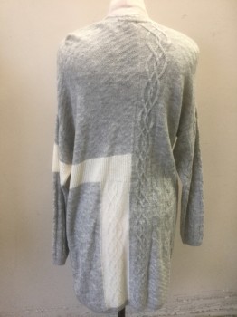 Womens, Sweater, TOPSHOP, Gray, Cream, Acrylic, Polyamide, Solid, Geometric, 6, Gray with White Oversized Geometric Pattern, Cabled/Ribbed Texture Knit Throughout, Open at Center Front with No Closures, 2 Patch Pockets at Hips, Below Hip/Tunic Length