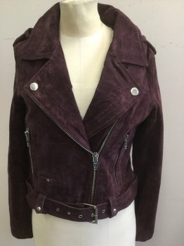 BLANK NYC , Plum Purple, Suede, Solid, Moto Style, Asymmetrical Zipper, Zip Pockets, Notched Lapel with Snaps, Belt with Silver Buckle, Epaulet, Zipers on Sleeves