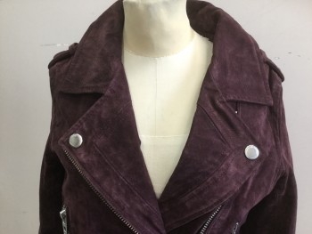 BLANK NYC , Plum Purple, Suede, Solid, Moto Style, Asymmetrical Zipper, Zip Pockets, Notched Lapel with Snaps, Belt with Silver Buckle, Epaulet, Zipers on Sleeves