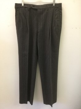 Mens, 1990s Vintage, Suit, Pants, SULKA, Dk Brown, Gray, Wool, Stripes - Pin, Stripes - Chalk , Ins:32, W:36, Double Pleated, Button Tab Waist, 5 Pockets Including 1 Watch Pocket, Straight Leg,