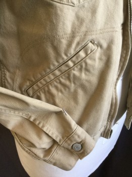 Mens, Jean Jacket, GAP, Khaki Brown, Cotton, Solid, L, Khaki Denim, Collar Attached, Zip Front, 4 Pockets, Silver Button on Pockets Flap and Long Sleeves Cuffs