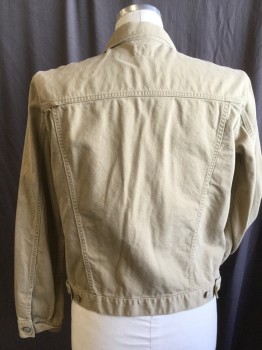 Mens, Jean Jacket, GAP, Khaki Brown, Cotton, Solid, L, Khaki Denim, Collar Attached, Zip Front, 4 Pockets, Silver Button on Pockets Flap and Long Sleeves Cuffs
