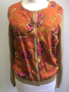 DANA BUCHMAN, Orange, Tan Brown, Hot Pink, Brown, Gold, Silk, Equine- Horses, Gold Horse Head Buttons, Crew Neck, Button Front, Fabric Front and Knit Sleeves & Back,