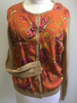 DANA BUCHMAN, Orange, Tan Brown, Hot Pink, Brown, Gold, Silk, Equine- Horses, Gold Horse Head Buttons, Crew Neck, Button Front, Fabric Front and Knit Sleeves & Back,