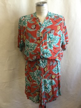 Mens, 1990s Vintage, P1, BANANA REPUBLIC, Tomato Red, Aqua Blue, Black, Chartreuse Green, White, Rayon, Floral, W36", S, Shirt & Shorts, Button Front, Short Sleeves, Notch Collar, Oversized, Small Water Stain Left Breast, Retro 1940'S