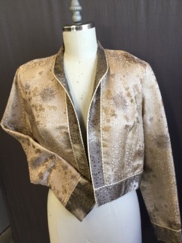 Womens, Jacket, NIGHT LIGHTS, Cream, Beige, Silver, Gold, Silk, Rayon, Floral, Leaves/Vines , B:40, Brocade, L/S, Open Front, Cream And Gold Piping, Small Collar/Lapel