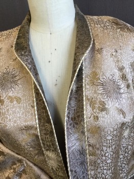 NIGHT LIGHTS, Cream, Beige, Silver, Gold, Silk, Rayon, Floral, Leaves/Vines , Brocade, L/S, Open Front, Cream And Gold Piping, Small Collar/Lapel