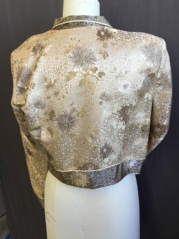 NIGHT LIGHTS, Cream, Beige, Silver, Gold, Silk, Rayon, Floral, Leaves/Vines , Brocade, L/S, Open Front, Cream And Gold Piping, Small Collar/Lapel