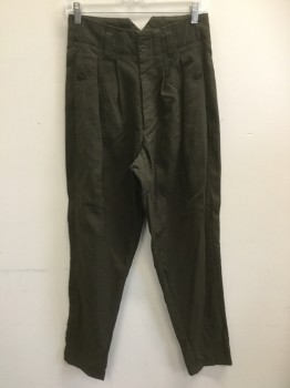 MTO, Dk Olive Grn, Wool, Solid, High Waist, Box Pleat Front, Triangle Button Detail at Front Pockets, Pegged Pant Leg