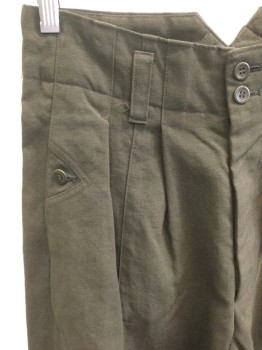 MTO, Dk Olive Grn, Wool, Solid, High Waist, Box Pleat Front, Triangle Button Detail at Front Pockets, Pegged Pant Leg