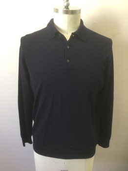 Mens, Pullover Sweater, HARRY ROSEN, Navy Blue, Wool, Solid, L, Dark Navy, Knit, Polo Collar Attached, 3 Button Placket, Long Sleeves