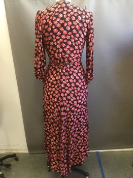 GANNI, Black, Coral Orange, Pink, Rayon, Floral, Cross Over V-neck, Wrap Dress, 3/4 Puffed Sleeves with Elastic ,