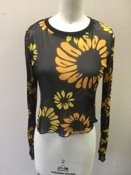 Womens, Top, DELIA'S, Black, Yellow, Polyester, Spandex, Floral, L, 90's Inspired, Black with Yellow Floral Print, Sheer, Long Sleeves, Black Ribbed Knit Scoop Neck, Overlock Hem
