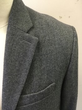 BANANA REPUBLIC, Gray, Black, Wool, Polyester, Herringbone, Single Breasted, Collar Attached, Notched Lapel, 3 Pockets, Knee Length