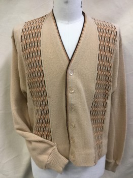 OLON BY CAMPUS, Tan Brown, Dk Brown, Rust Orange, Wool, Stripes - Vertical , Geometric, Cardigan, Tan Flat Knit, Dark Brown & Rust Trim V-neck, & Front Center, Button Front, Broken Dark Brown & Rust Thin Vertical Rectangle Panel Front, Ribbed Knit Long Sleeves Cuffs & Back Hem