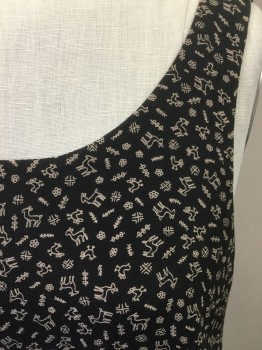 CAROLE LITTLE, Black, Beige, Rayon, Novelty Pattern, Animals, Sleeveless, Side Zipper, Bodice Animal Outlines Deer & Chicken with Petroglyph Shapes, Skirt is Dotted Pin Stripes, Side Slit