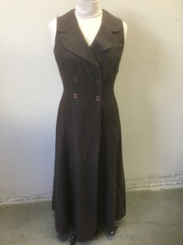 DANA BUCHMAN, Dk Brown, Silk, Linen, Solid, Double Breasted Button Front, Sleeveless, Scalloped/Rounded Notched Lapel, Princess Seams, Ankle Length, Open Keyhole at Center Back Shoulders,