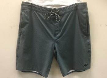 Mens, Swim Trunks, RIP CURL SURF, Gray, Synthetic, Solid, Dots, W:34, Gray with Faint Dotted Pattern, Dark Gray and Cream Cord Ties at Center Front Waist, 3 Pockets, 10" Inseam