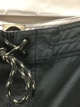 Mens, Swim Trunks, RIP CURL SURF, Gray, Synthetic, Solid, Dots, W:34, Gray with Faint Dotted Pattern, Dark Gray and Cream Cord Ties at Center Front Waist, 3 Pockets, 10" Inseam