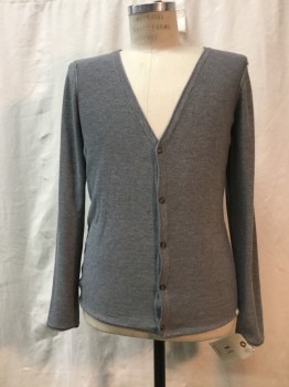 Mens, Cardigan Sweater, TTD, Heather Gray, Polyester, Viscose, Heathered, M, Button Front,