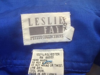 LESLIE FAY, Royal Blue, Polyester, Solid, Short Sleeves, Notched Lapel, Surplice V-neck, Elastic Waist, Gathered at Waist, A-Line, Knee Length, Folded Sleeve Cuffs, Padded Shoulders,