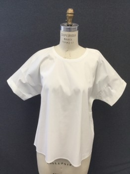 Womens, Top, J. JILL, White, Cotton, Polyester, Solid, M, Wide, Oversize, Stretch Cotton, Scoop Neck, Short Sleeves, Rolled Back Cuff, Keyhole Button Loop Back Neck